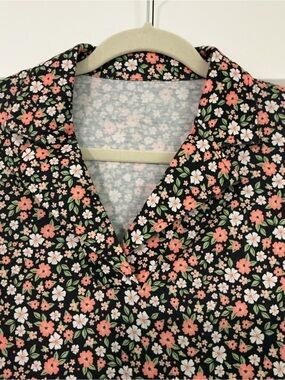 Black Floral Button-Up Top with Coral and White Blooms